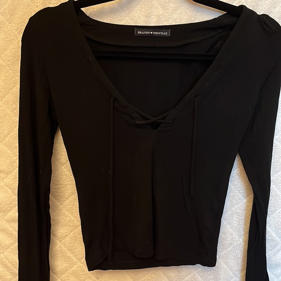 Brandy Melville black v-neck lace-up long sleeve top - Picture 2 of 8